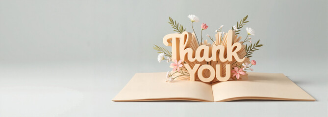 Thank you sign emerging from an open book with floral bouquet
