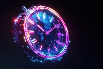 A futuristic neon clock with a world map design, showcasing vibrant colors and dynamic movement.