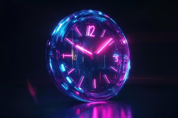 A futuristic, neon-lit clock displays the time with vibrant pink and blue hues against a dark background.