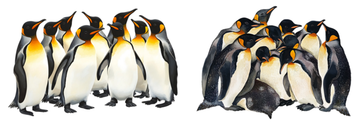 Two Group of Penguins Huddled Together in Winter on Transparent Background
