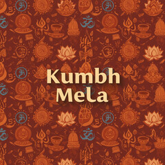 Fototapeta premium Kumbh Mela design with detailed Hindu symbols and an orange-themed decorative background
