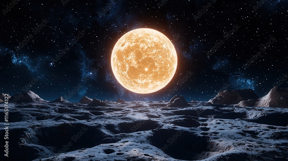 Poster a stunning view of a glowing celestial body above a lunar-like surface, surrounded by stars in the v