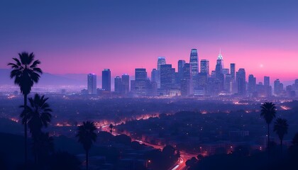 Obraz premium Los Angeles Skyline: Purple Twilight Cityscape