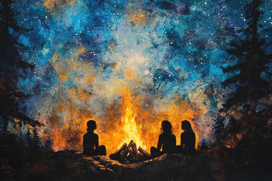 Three silhouetted figures sit around a campfire under a vibrant, starry night sky.