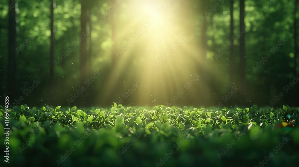 Poster a serene forest scene with sunlight streaming through trees, illuminating lush greenery on the fores