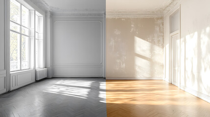Obraz premium An apartment renovation showcases an empty room before and after refurbishment.