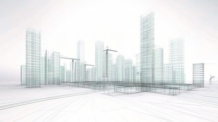 Obraz premium 3D Wireframe City Design with Skyscrapers Under Construction