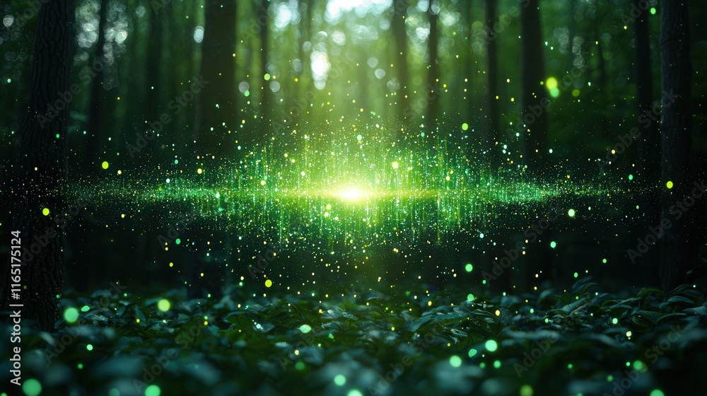 Poster a lush forest scene illuminated by green light, featuring sparkling particles, creating a magical an