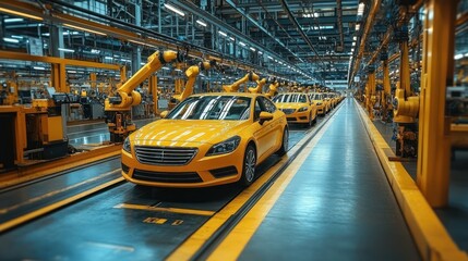 Assembly line featuring yellow cars and robotic arms in a manufacturing facility.