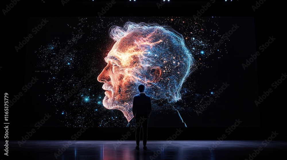 Poster a person stands before a vibrant digital display of a luminous human profile, merging elements of te