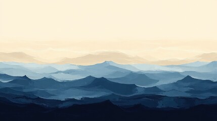 Serene panoramic view of layered blue mountains at sunrise, misty peaks and valleys.