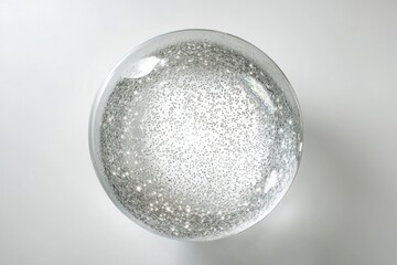 A translucent, spherical glass object filled with tiny, light-reflecting particles, resembling a celestial body.
