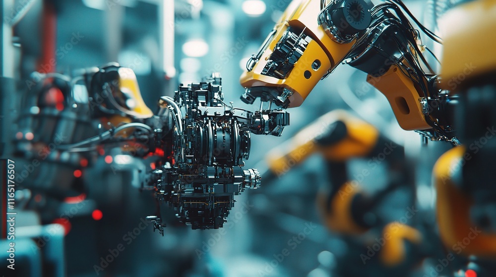 Poster 3d rendering of robotic arms assembling mechanical parts in factory