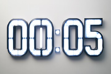A digital timer displaying 00:05, illuminated with bright lights against a white background.