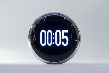 A chrome sphere displays a digital clock showing 00:05, signifying a brief countdown or timer.