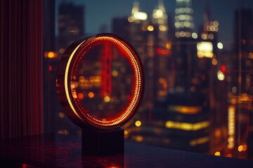 A modern illuminated circular artwork sits on a dark surface, overlooking a vibrant city nightscape.