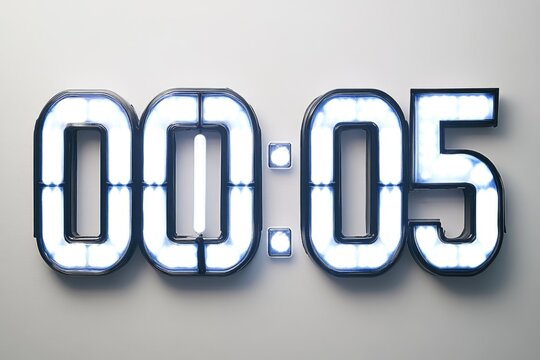 A digital timer displaying 00:05, illuminated with bright lights against a white background.