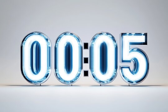 Futuristic digital timer displaying 00:05, glowing bright blue neon.