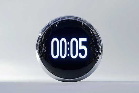 A chrome sphere displays a digital clock showing 00:05, signifying a brief countdown or timer.