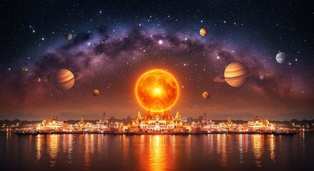 Fototapeta premium Nighttime view of Kumbh Mela with a glowing cosmic sun and reflections on the holy river