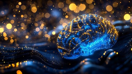 Illuminated brain waves digital space 3d visualization futuristic environment close-up view neural network concept