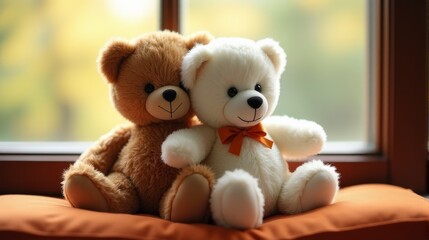 Two Teddy Bears, One Brown and One White, Sitting on an Orange Cushion by a Window Hugging Each Other.