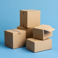 Stack of Cardboard Boxes on Blue Background