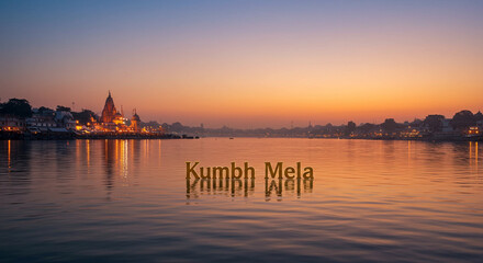 Fototapeta premium Serene riverside view during Kumbh Mela with golden reflections at sunrise