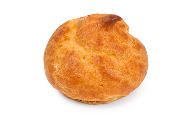 One profiterole close-up on a white background. Fresh cake with filling.