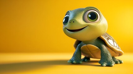 Fototapeta premium A cheerful cartoon turtle with big eyes on a bright yellow background.