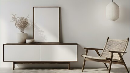 Minimalist Living Room Interior Design: Modern Wooden Cabinet, Woven Chair, and Dried Flowers Against a White Wall