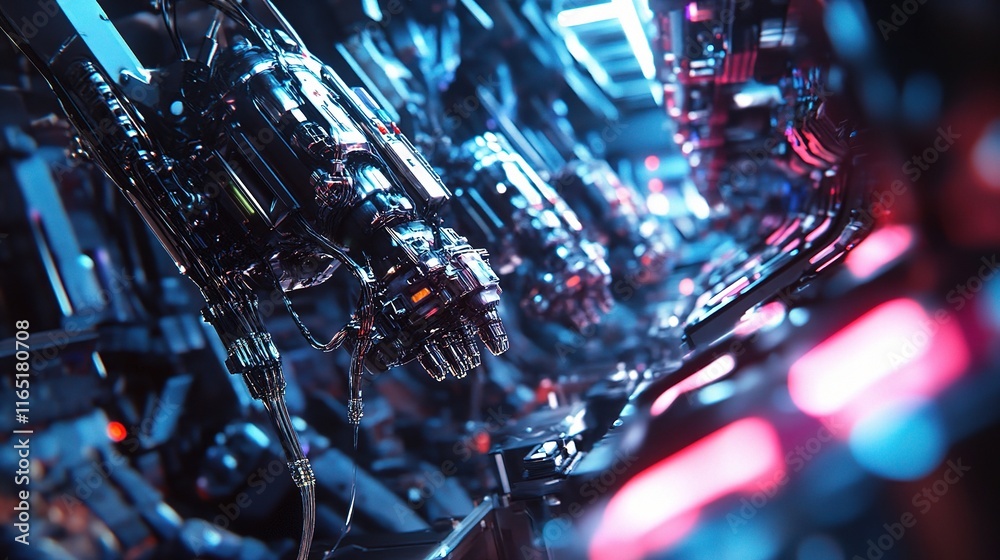 Poster close-up view of automated robotic assembly line in factory setting