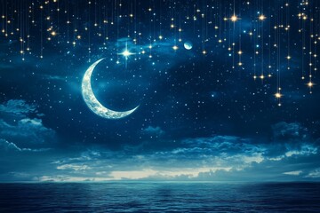 Obraz premium Crescent Moon Over Serene Ocean Under a Starry Night