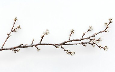 Obraz premium Frosty branch with tiny buds on white background.