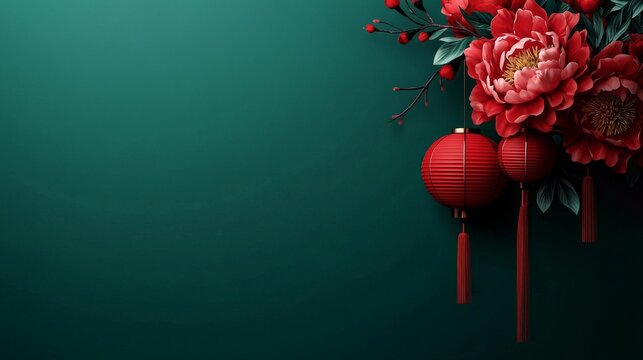  Chinese New Year Sale with dark green backgrounds. Happy Chinese New Year Sale with Flower Peony and lantern, applicable for banner, greeting cards, flyer, poster, social media and store. copy space.