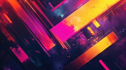 vibrant abstract background featuring bold, geometric shapes in neon colors, set against a dark, textured backdrop. The high contrast and sharp lines evoke a futuristic and dynamic atmosphere.