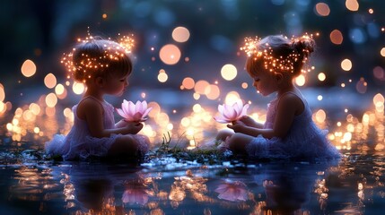Obraz premium Two children in a magical setting with lotus flowers.