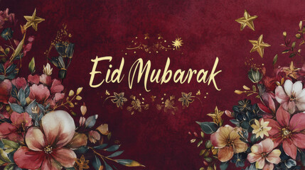 Fototapeta premium Eid Mubarak greeting with floral design and stars on red background