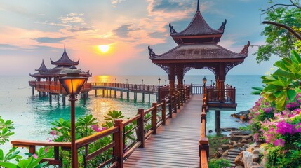 Fototapeta premium Breathtaking sunset over a rustic pier with fluffy clouds in a vibrant sky above
