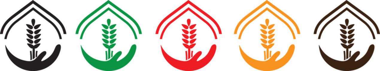 logo concept with a combination of rice plants, hands and rice huts
