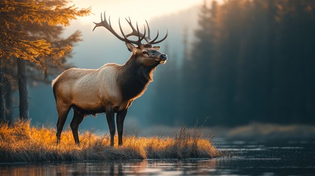 Majestic elk standing by a lake at sunset.