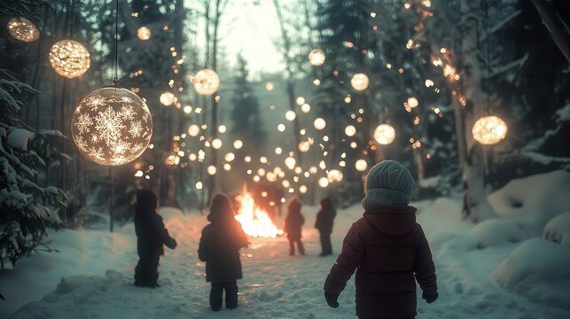 A magical winter solstice gathering in a snowy forest, with families standing around a large bonfire, glowing lanterns hanging from trees, and children playing in the snow. Include intricate 