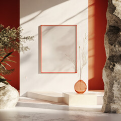 Minimalist Red and White Interior Mockup with Empty Frame