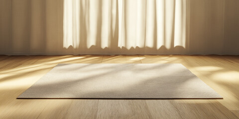 A yoga mat laid on a wooden floor with soft light reflections and warm tones