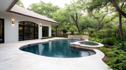Elegant outdoor pool area surrounded by lush greenery.