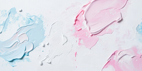 Soft pink and blue paint strokes on a white textured surface with a clean aesthetic