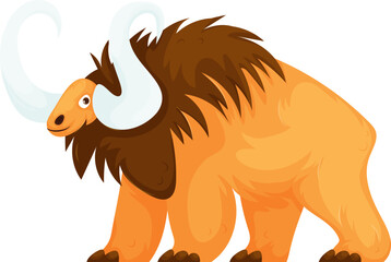 Colorful cartoon illustration of a woolly mammoth with large curved tusks and shaggy fur, set against a white background.