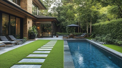 Modern backyard with pool, patio, and lush landscaping.