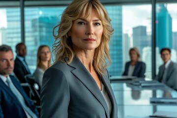 Senior Caucasian executive woman leading a corporate boardroom meeting