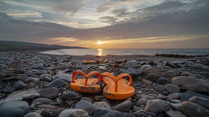 Obraz premium Vibrant orange flip flops casually placed on sunlit sandy beach with turquoise waves and clear blue sky backdrop
